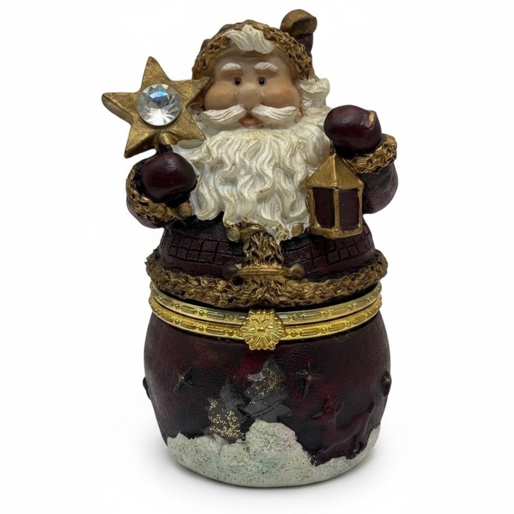 Vintage Santa Claus Hinged Trinket Box Figurine Lantern Star Jeweled Keepsake